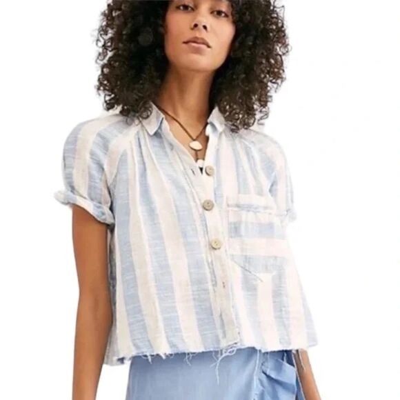 NWT FREE PEOPLE Away At Sea Striped Button Down Short Sleeve Top - Picture 1 of 5